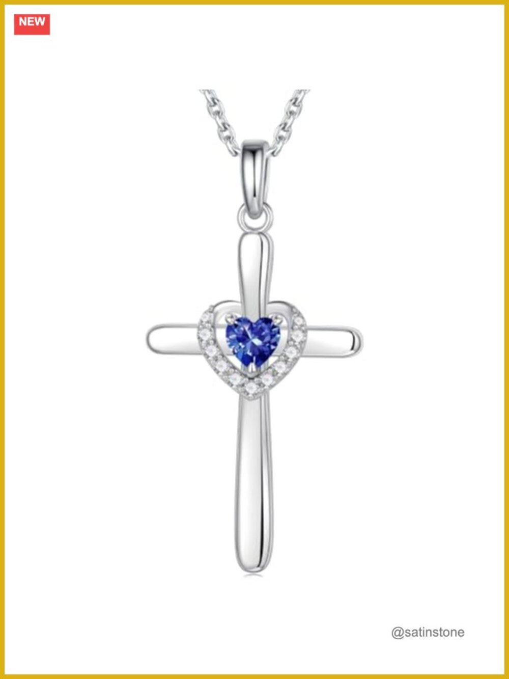 Sterling Silver Cross Necklace with Heart Birthstone Pendant, Adjustable Chain,